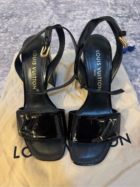 Louis Vuitton Black Patent Leather Open-Toe Heels